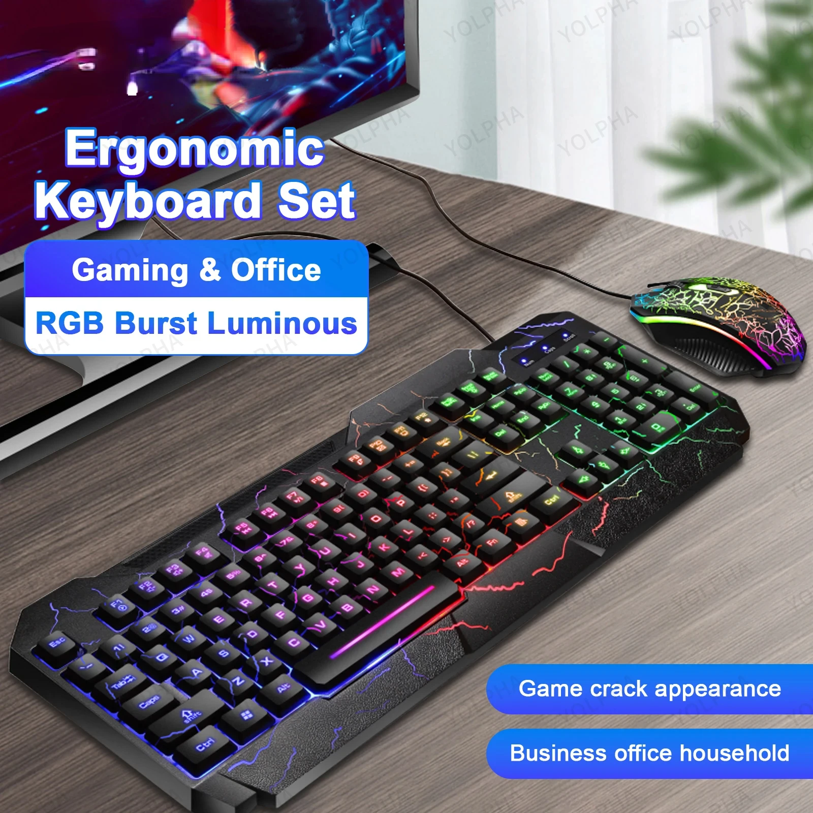 

Rainbow Glow Gaming Keyboard & Mouse Set, Backlit, Ergonomic, Mechanical Feel