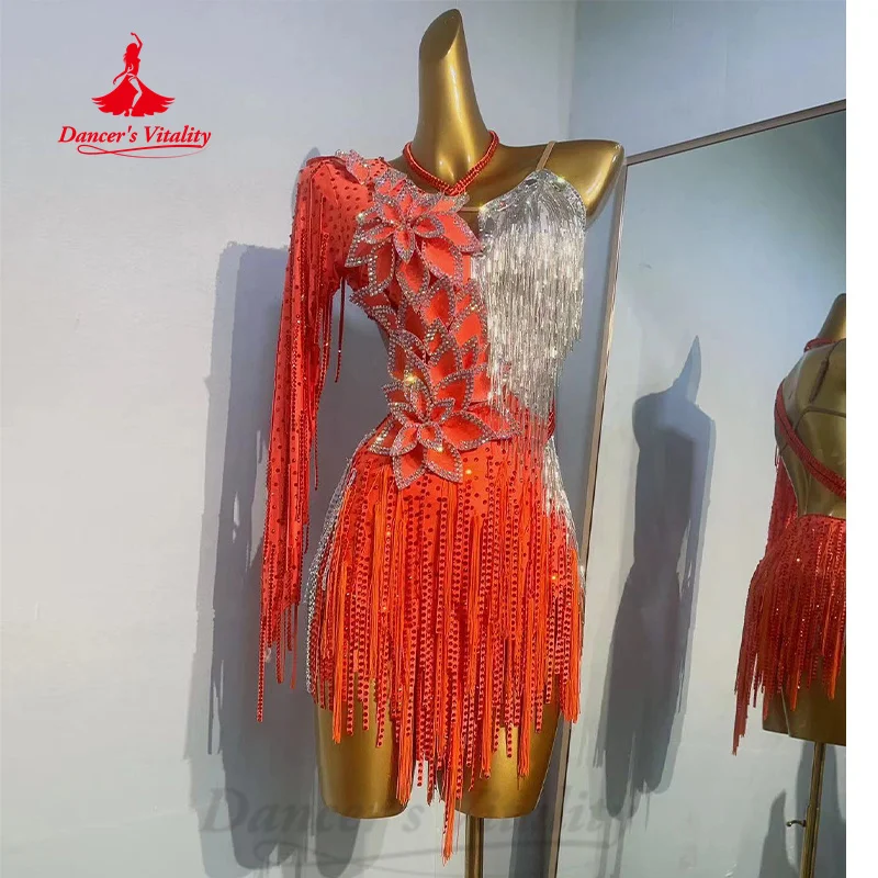 Trajes de dança personalizados de diamante completo para mulheres, vestidos luxuosos borlas, samba tango e chacha, traje de desempenho profissional