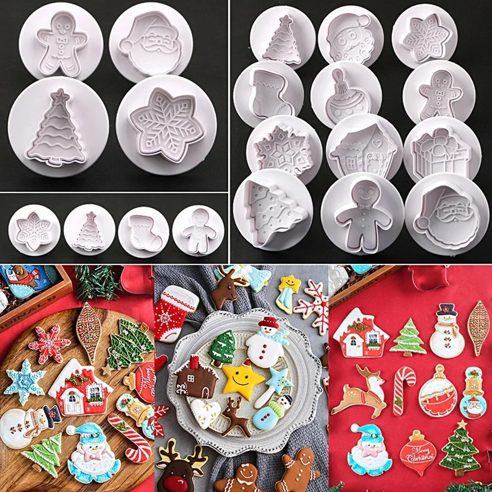 4pcs Christmas 3D Cookie Cake Plunger Cutter Baking Mould Cookie Stamp Biscuit DIY Mold Fondant Cake Decorating Tools