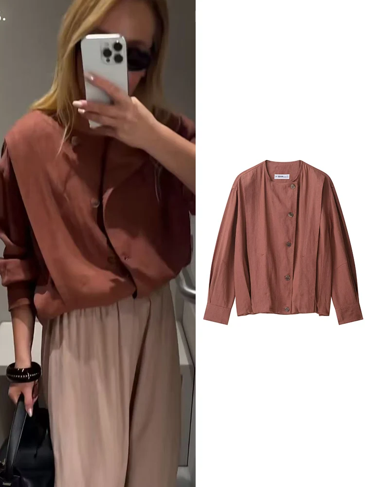 

TFMLN 2025 Women Casual Button Cropped Jacket Top O-Neck Long Sleeve Short Coat Ladies Autumn New Ruched Design Coat Female