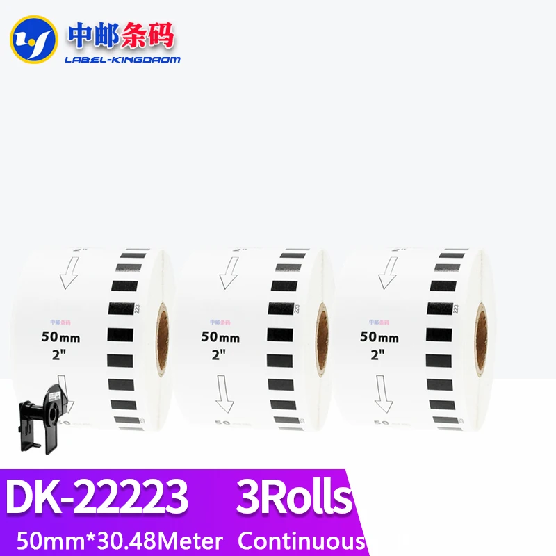 3 Refill Rolls Generic DK-22223 Label 50mm*30.48M Continuous Compatible for Brother Thermal Printer White Color DK-2223 DK22223