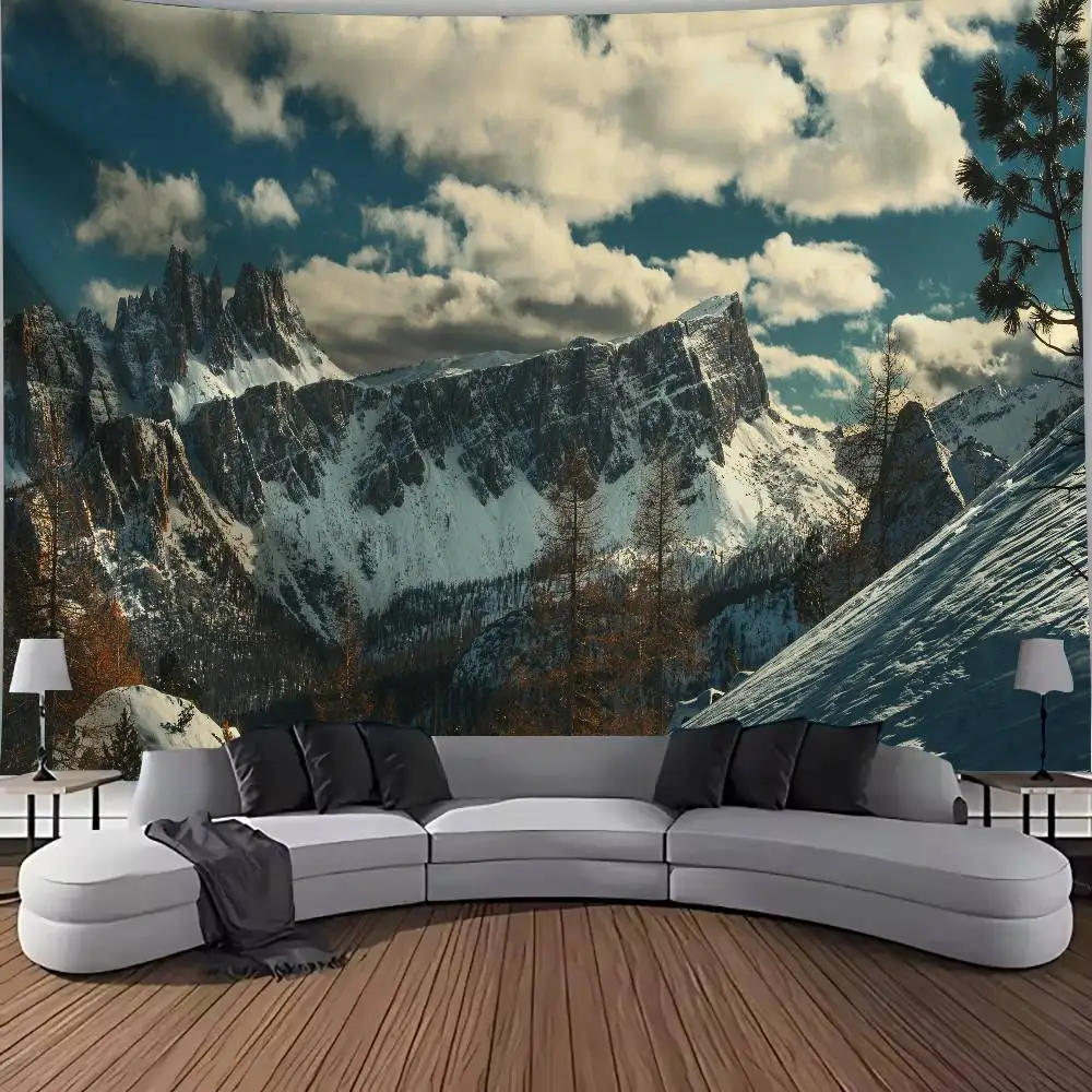 Snow Mountain Nature Landscape Tapestry, Majestic Rocky Mountain Peak Scenery Cloud Sky Forest Mountain Wall Tapestry Decor