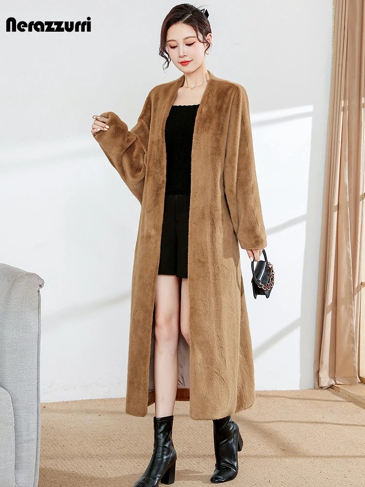 Nerazzurri Autumn Winter Long Warm Soft Fluffy Faux Mink Fur Cocoon Coat Women Sashes V Neck Luxury Elegant Chic Furry Cardigan