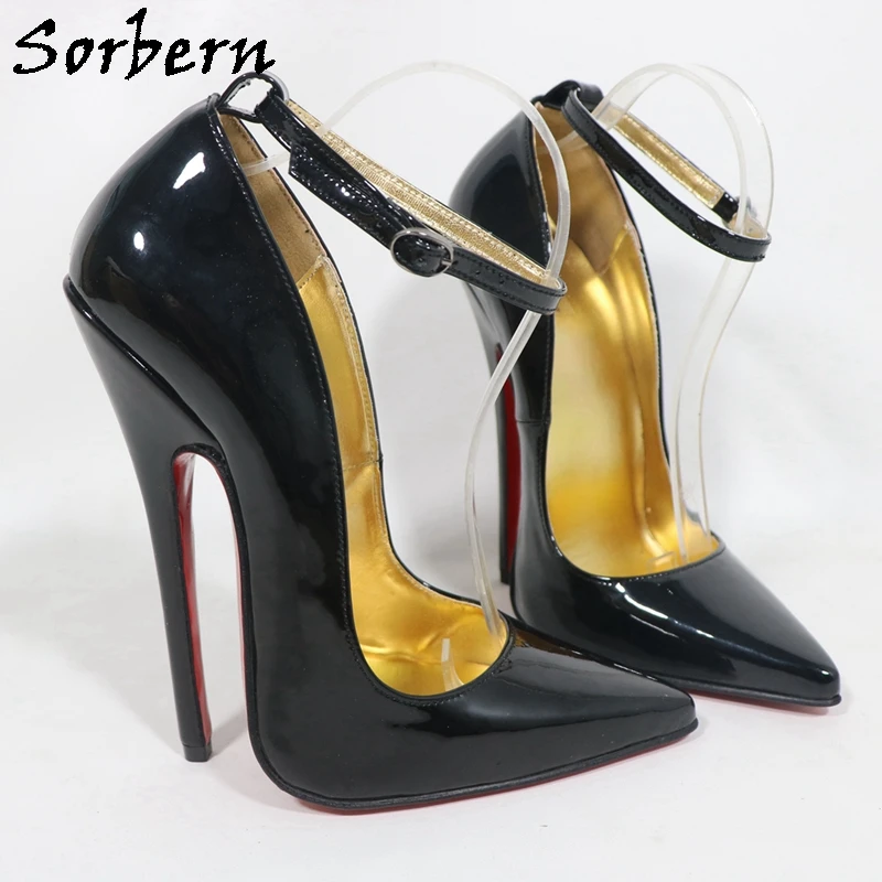 Sorbern أسود لامع مثير النساء حذاء بكعب مع حزام الكاحل وأشار أصابع الذهب بطانة الخناجر 16 سنتيمتر عالية الكعب لون مخصص