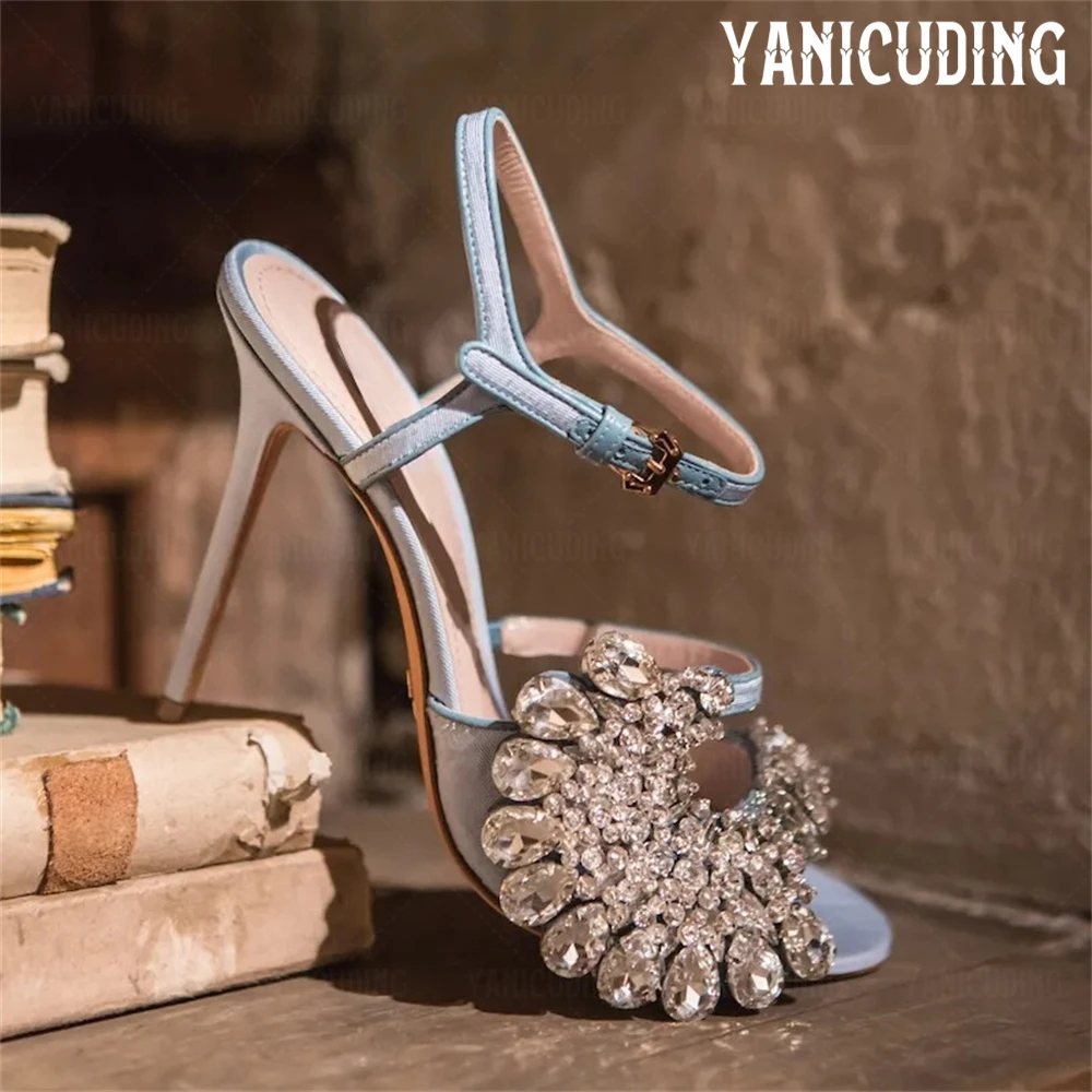 

Light Blue Satin Crystal Sandals Luxurious Style Handmade Ankle Strap Sandals Open Toe Elegant Stilettos for Women Customizable