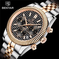 Benyar For Mens Watch Six Hands Japan Quartz Chronograph Wristwatch Sapphire Crystal Stainless 100m Waterproof Multifunctional