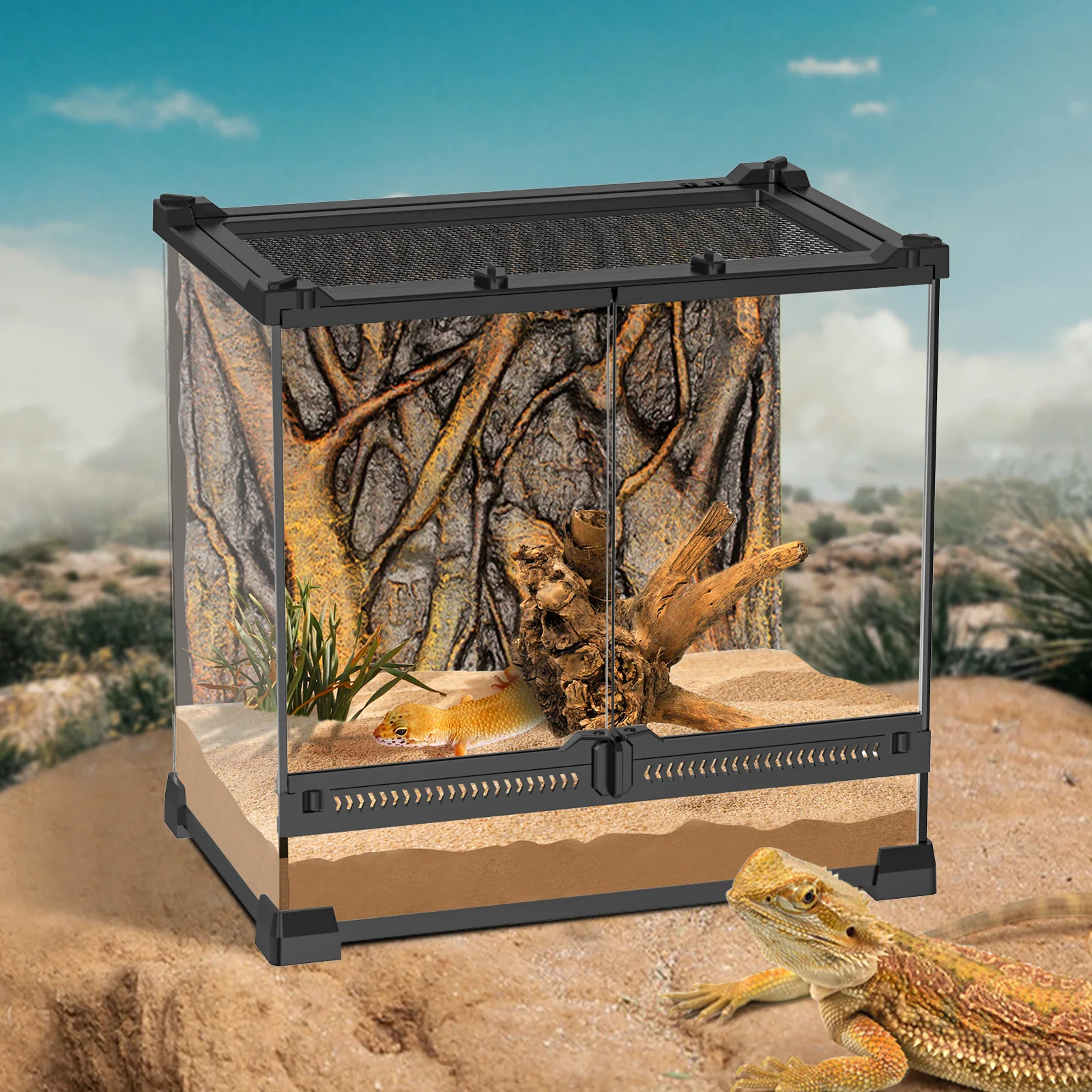 Tempered glass reptile terrarium with double doors, suitable for chameleons, lizards, snakes, frogs, geckos, spiders