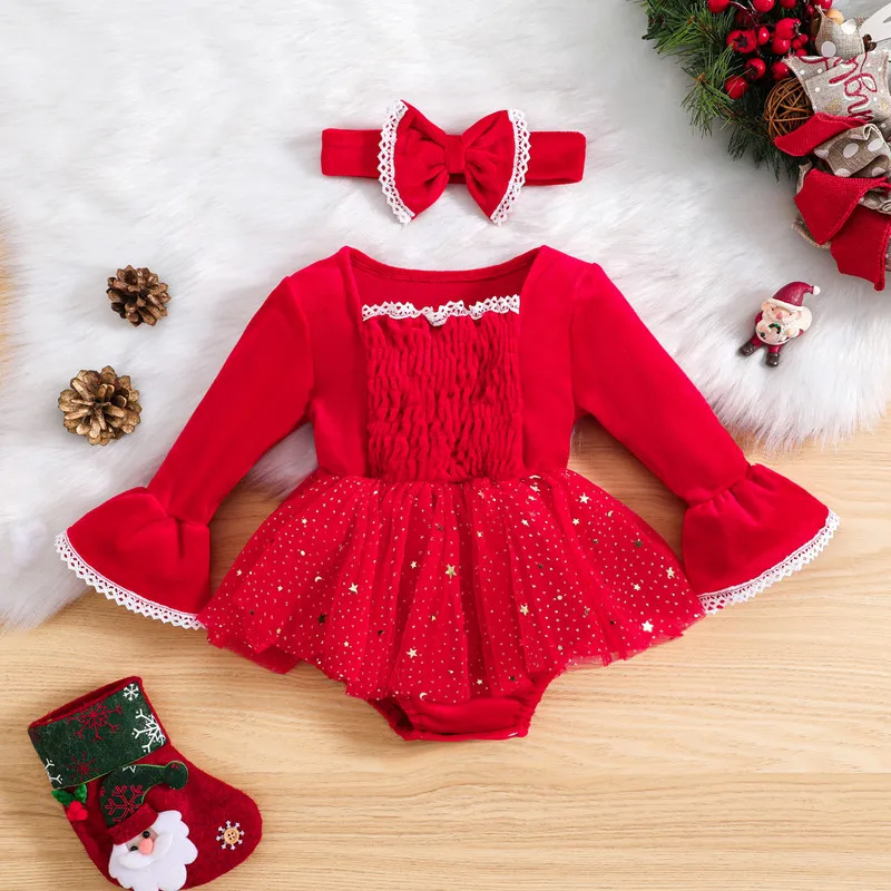 Christmas Newborn Baby Girl Bodysuit Autumn Clothes 2Pcs Outfits Long Sleeve Lace Trim Tulle Dress Jumpsuit with Headband