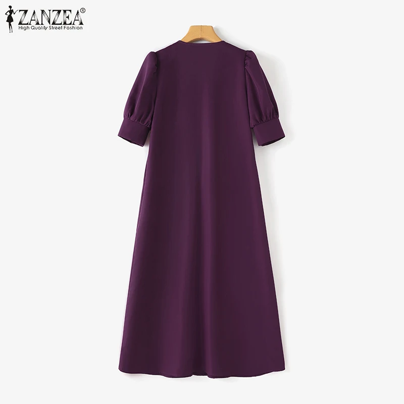 ZANZEA Vestidos midi informales de talla grande 5XL para mujer, vestido largo con cuello en V y manga corta abullonada, vestido largo con corte en A, vestidos extragrandes para vacaciones de primavera para mujer