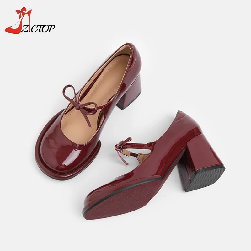 Red Mary Jane décolleté con tacco per donna 2024 primavera autunno nuova pelle verniciata Vintage papillon con tacco alto spesso scarpe eleganti da