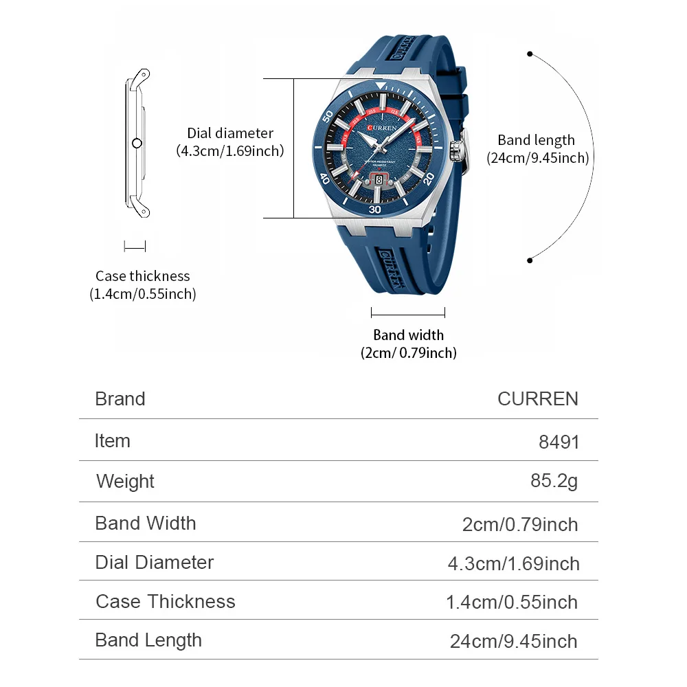 CURREN Sport Watch Men Wristwatch Luminous & Date Display Waterproof Silicone Strap Quartz Fashion Casual Gift For Men