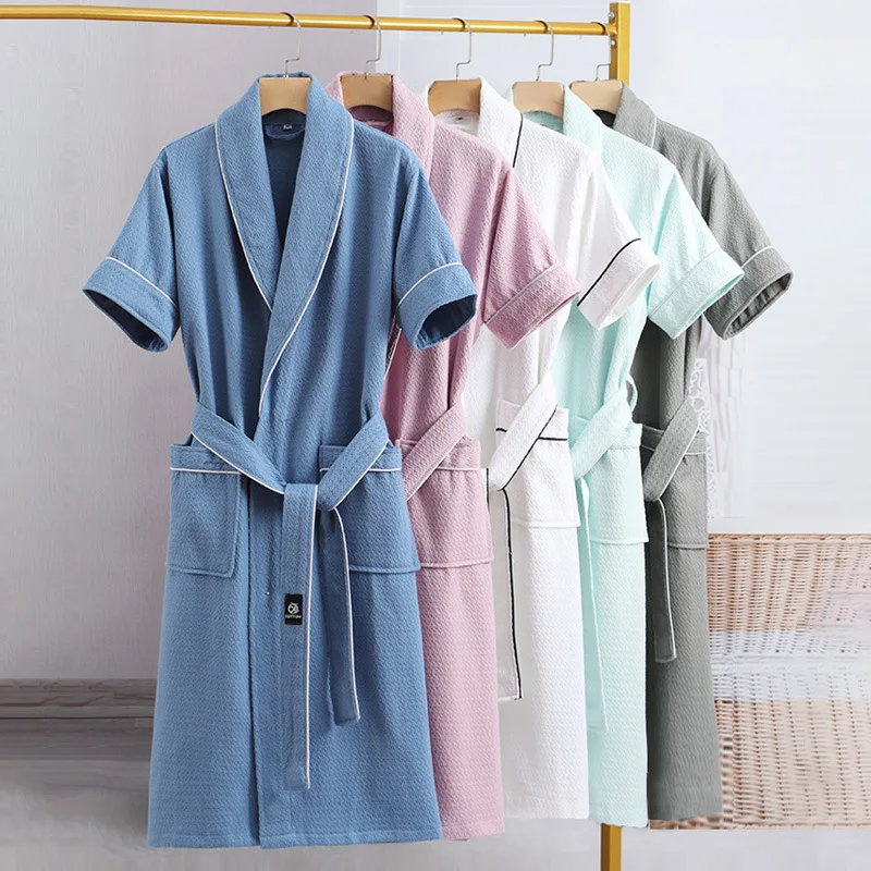 

Summer Short Sleeved Lapel Pure Cotton Waffle Bathrobe Medium Length Bathrobe Couple's Home Outfit