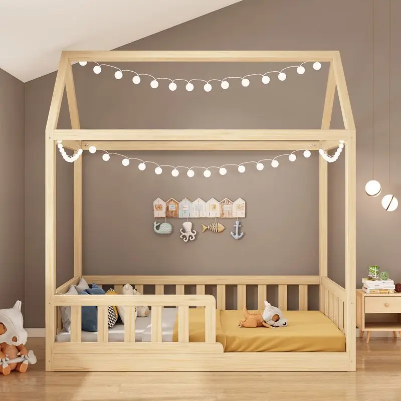 New Style Children Bedroom Furniture Modern Simple Montessori House Shape Design Wood Frame Floor Kids Bed With Guardrail