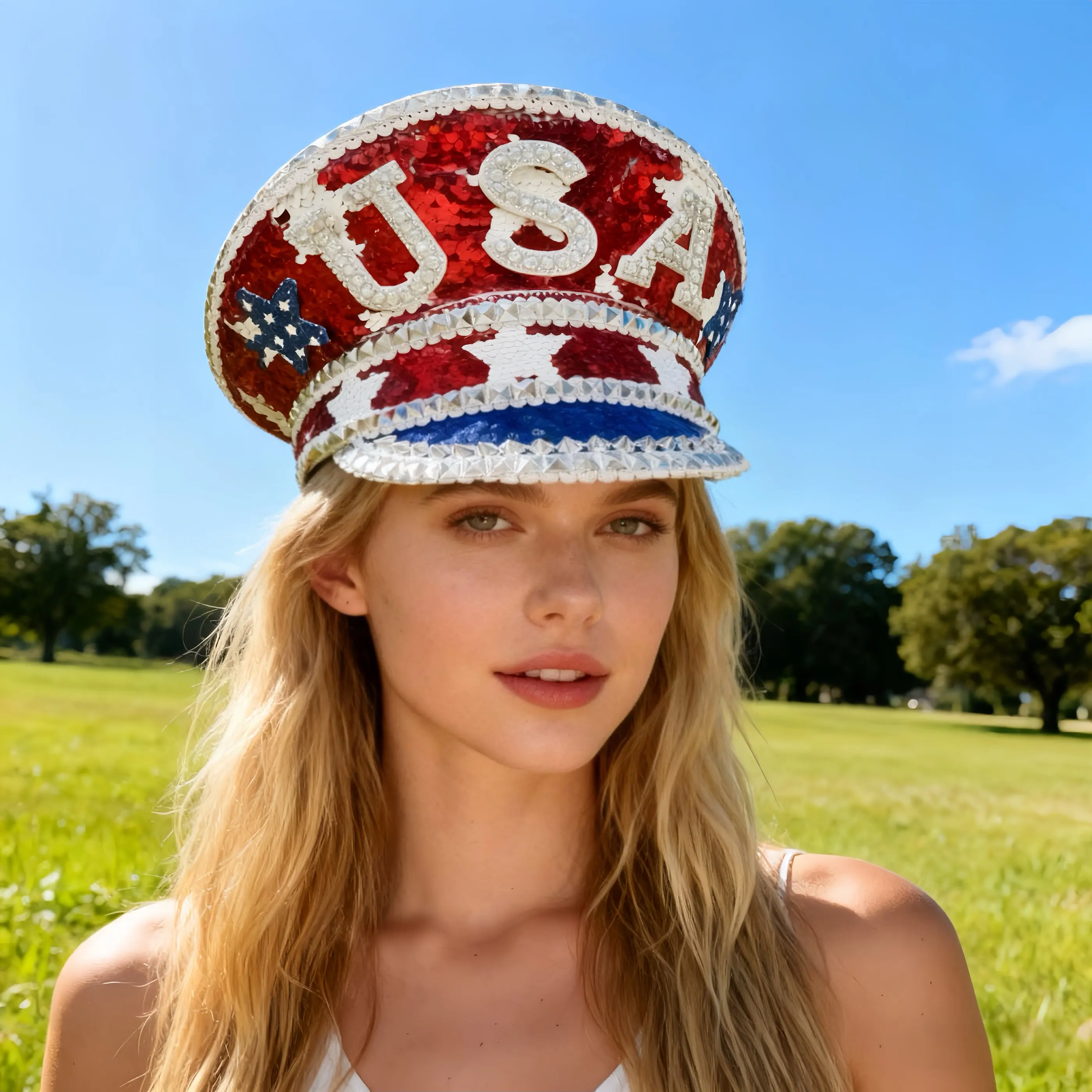 홍루안 옐로우 레이저 가죽 루프 캡틴 모자, 여성용 라인스톤 & 밀리터리 캡, 레이브 페스티벌 액세서리 & 파티 캡 남성용