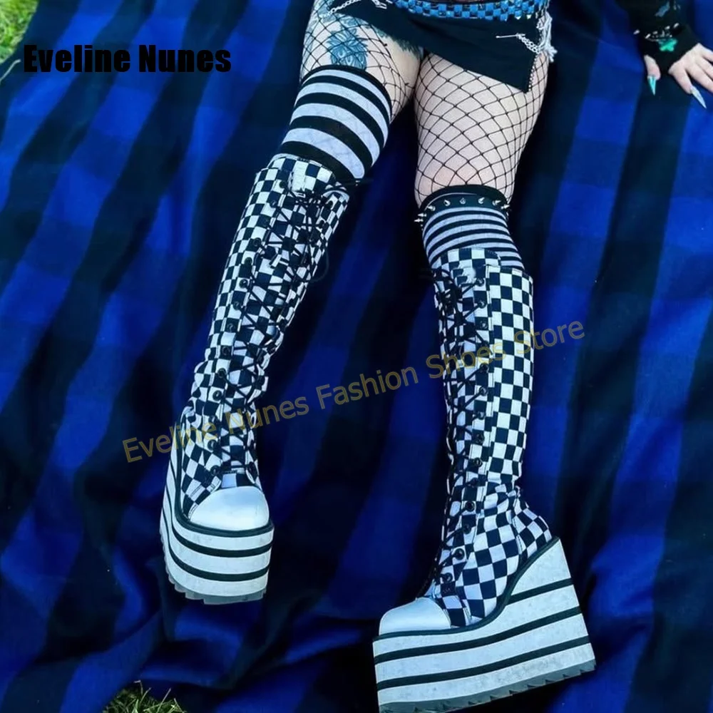 Women Pink White Checkerboard Platform Boots Round Toe Wedge Lace Up Y2K Street Style Women Knee High Boots 2026 Cosplay Trend view 3