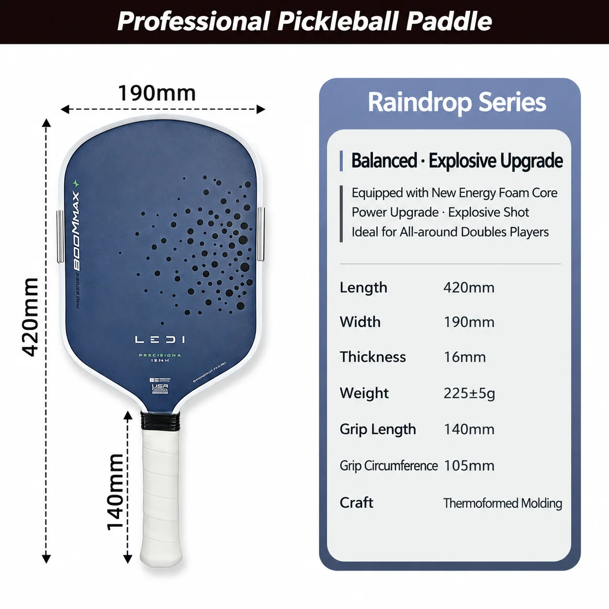 Boom Core Pickleball Paddle EPP Material, Power & Explosive Hits, Great Feel & Performance, High Forgiveness & Stability