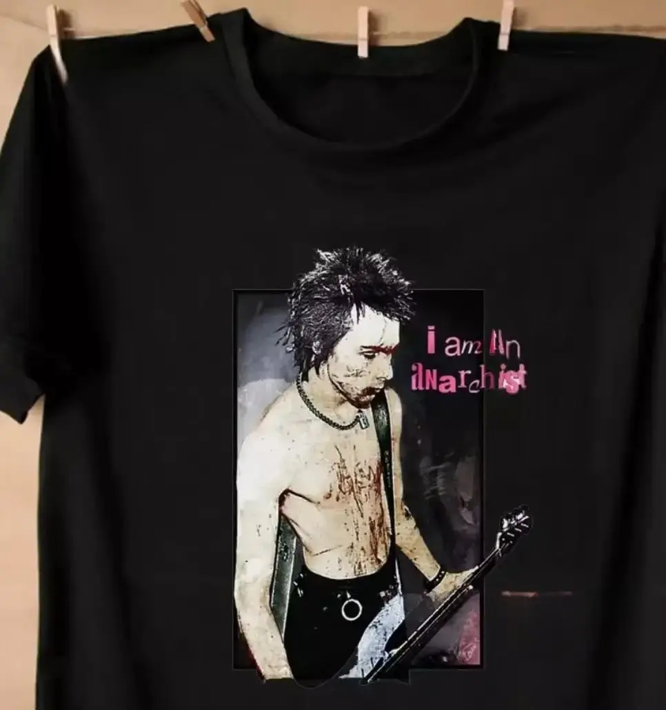 T-Shirt Vintage Stile Anarcaico Anarichistico con Stampa di Sid Vicious, Moda Anni '90, in Cotone, Casual, Unisex