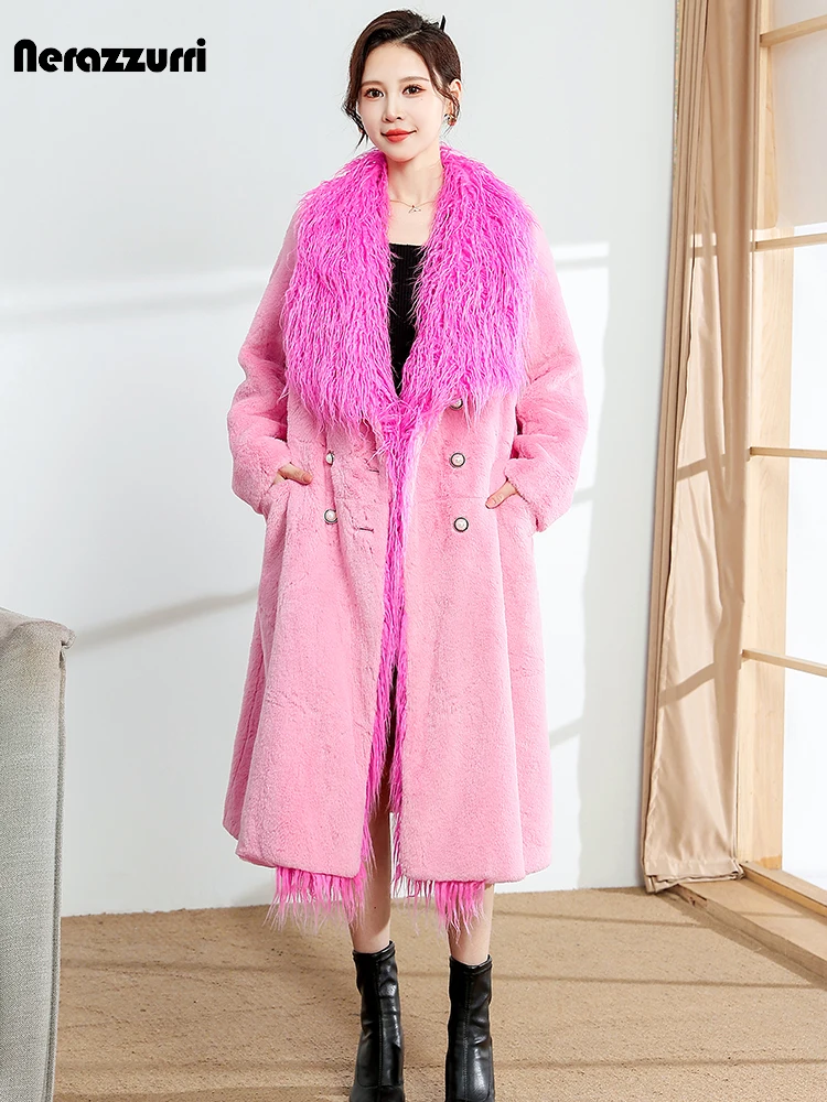 Nerazzurri Winter Long Luxury Elegant Chic Fluffy Warm Thick Patchwork Faux Fur Coat Women with Fake Mongolian Fur Collar 2023