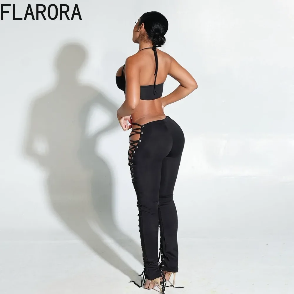 FLARORA موضة ضمادة 2 قطعة مجموعات امرأة الرسن عارية الذراعين قطع علوية بدون أكمام و الجوف خارج Shiring السراويل وتتسابق Y2k الشارع الشهير