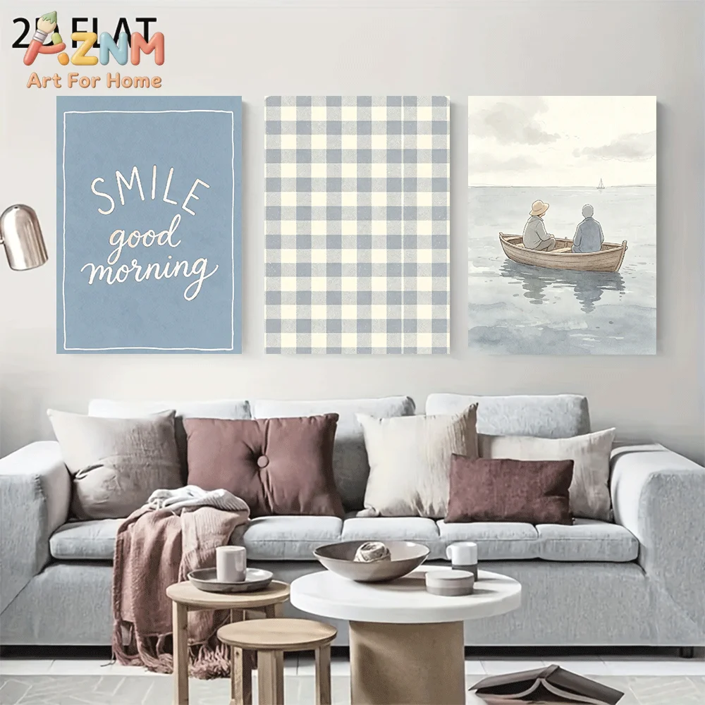 AZNM Frameless Canvas Wall Art, Blue Plaid Boat Seaside Letter Quote Print, Soft Neutral Watercolor Landscape Wall Decor for Liv