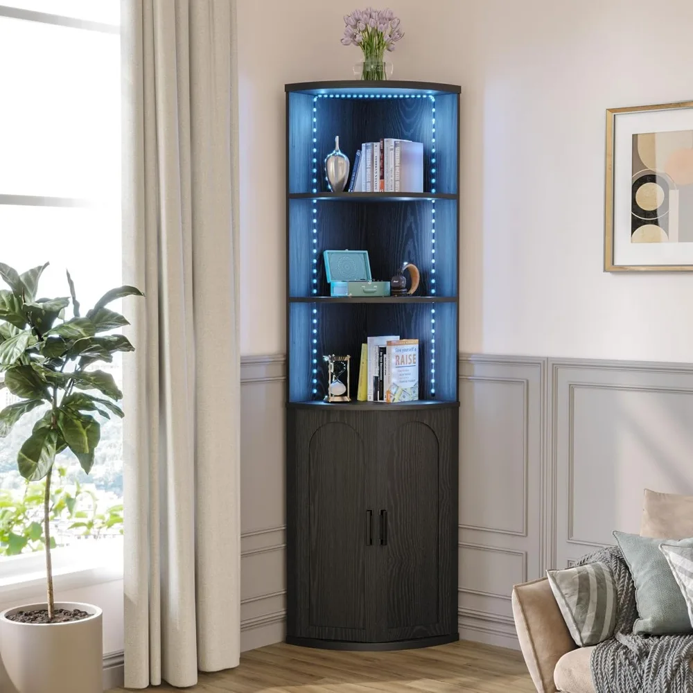 

Corner Shelf with Doors, Corner Cabinet with LED Light, 5-Tier Storage Cabinet with Doors, Tall Corner Bookshelf for Living Roo