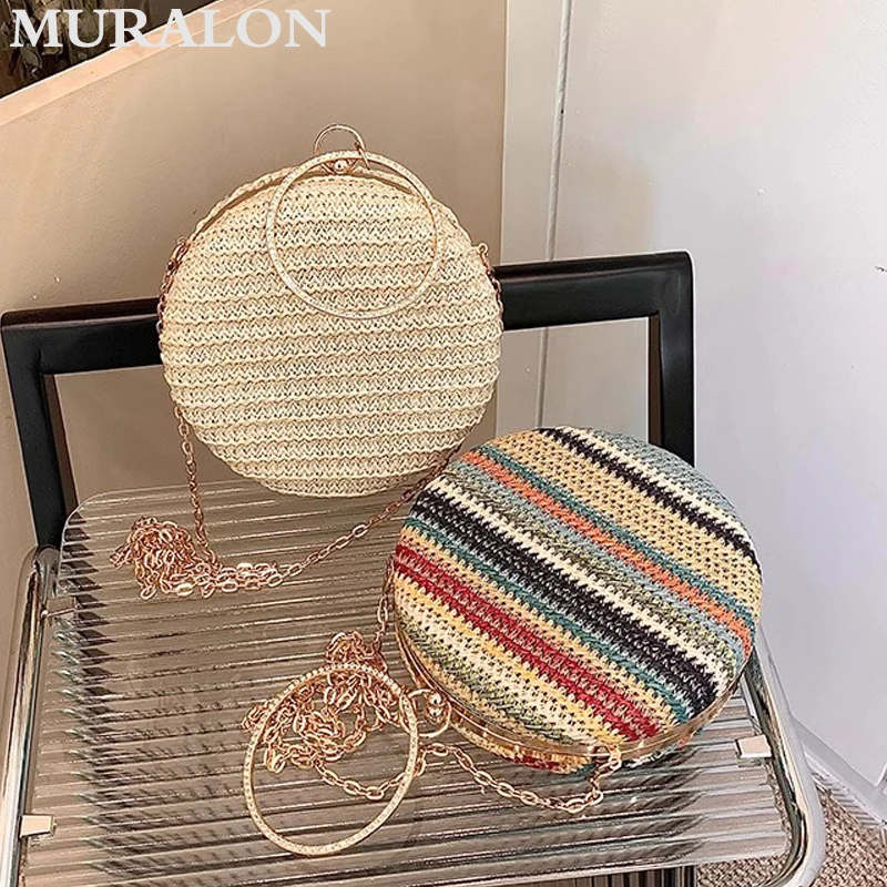 Summer Beach Vacation Straw Small Bag Female 2024 New All-match Chain Crossbody Bag Niche Round Shape Mixed Color Mini Handbag