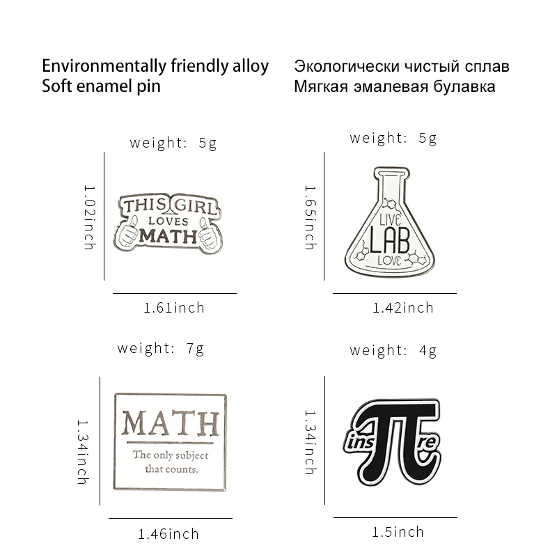 Custom Chemistry Math and Science Metal Brooches Black White Simple Letter Badge Gift for Teacher Student Geek Pi π Enamel Pin