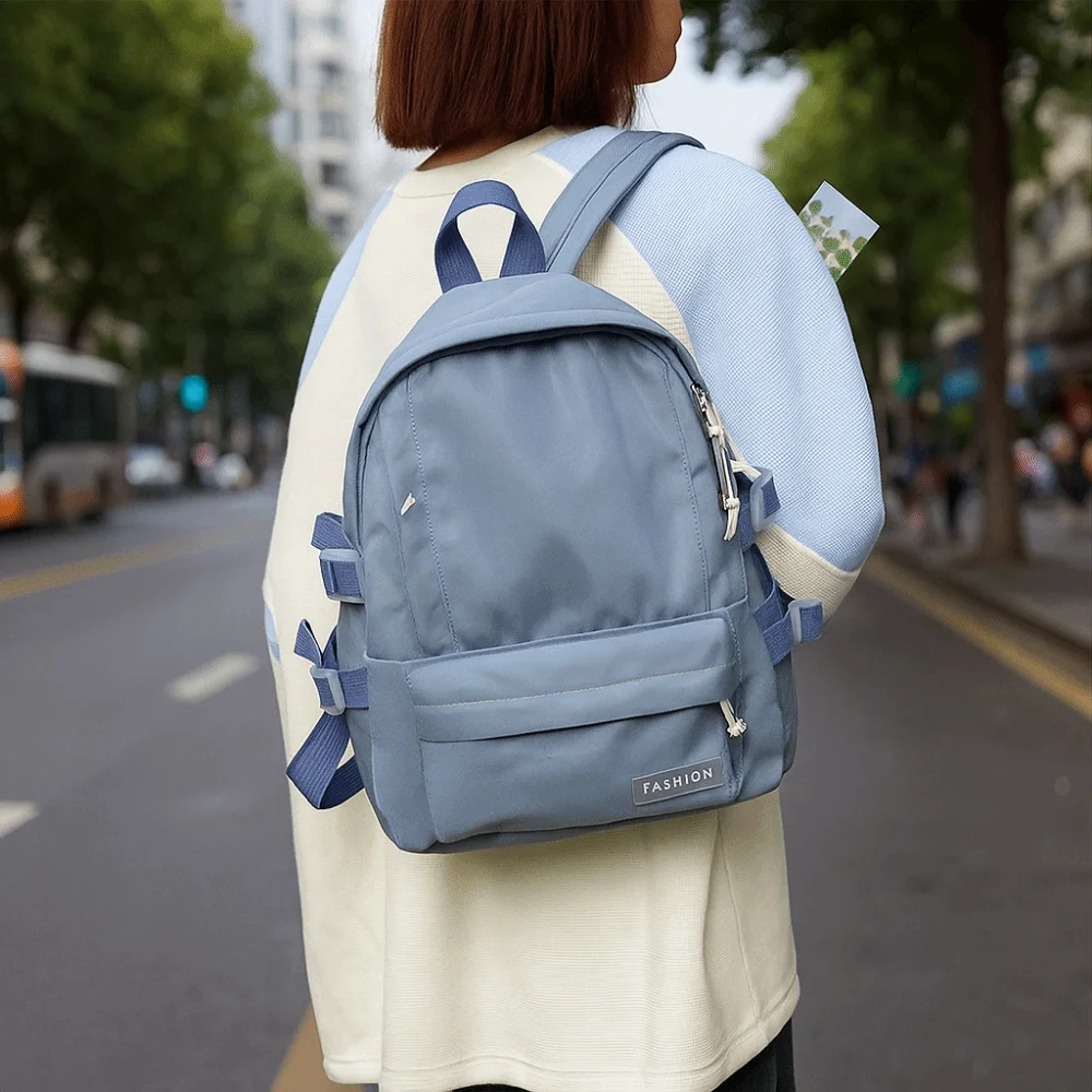 حقيبة مدرسية عصرية بلون سادة، خفيفة الوزن، نمط حلو، حقيبة ظهر بلون سادة، جيوب متعددة، تصميم كاجوال، حقيبة ظهر للطلاب للفتيات #4