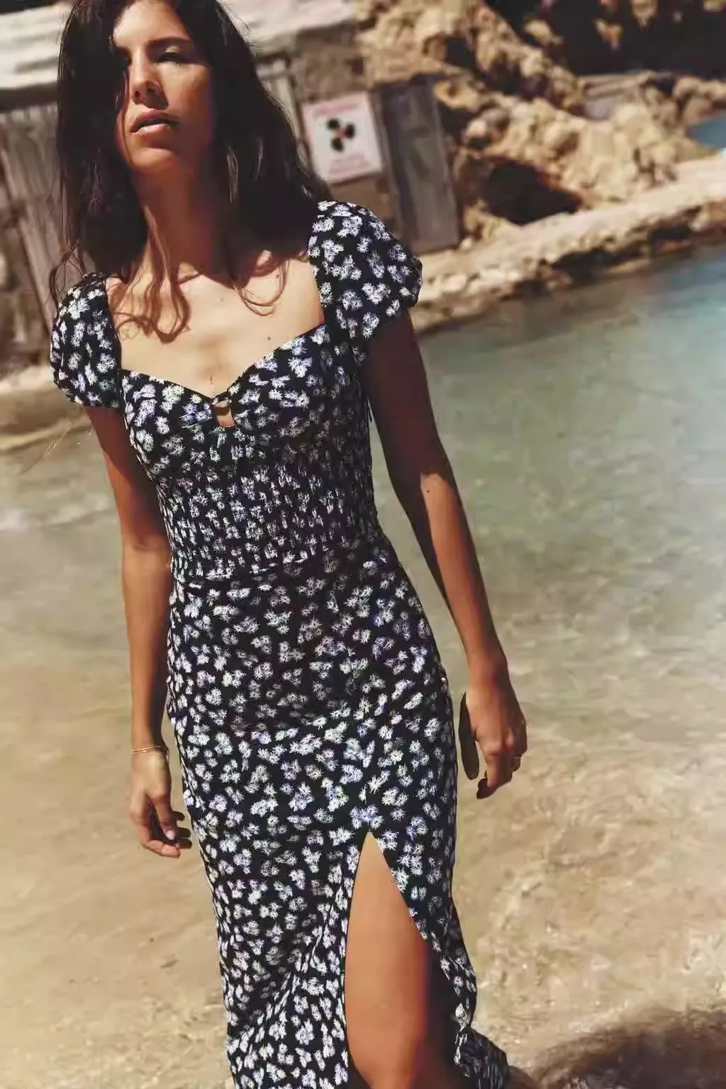 2024년 여름 신상 여성용 롱 프린트 드레스 V넥 플로럴 디자인 린넨 혼방 맥시 드레스 출퇴근용 봄 여름