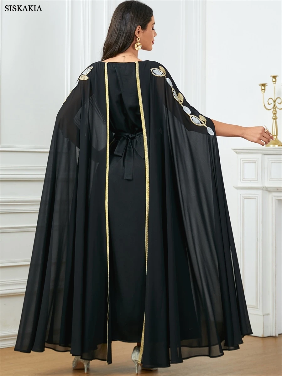 Siskakia elegante Casual Super manica lunga abito da festa marocchino saudita Appliques abiti con cintura turco africano abaya arabo caftano