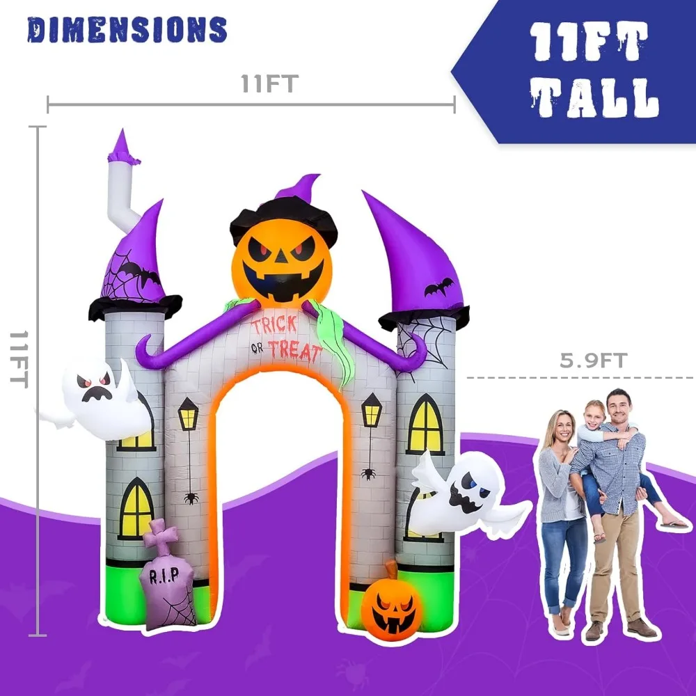 Arco inflable de Castillo de calabaza para Halloween, fantasma y luces LED con truco o trato, decoraciones para Halloween al aire libre, 11 pies, 2024