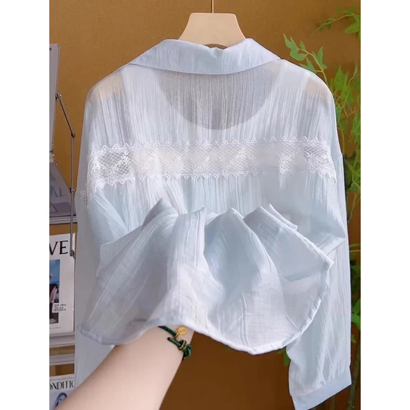 Blue Lightweight  Collar Sun Protection irt Women's Summer New Sle Lace Splicing Breathable Light Weight Open Cardiga...