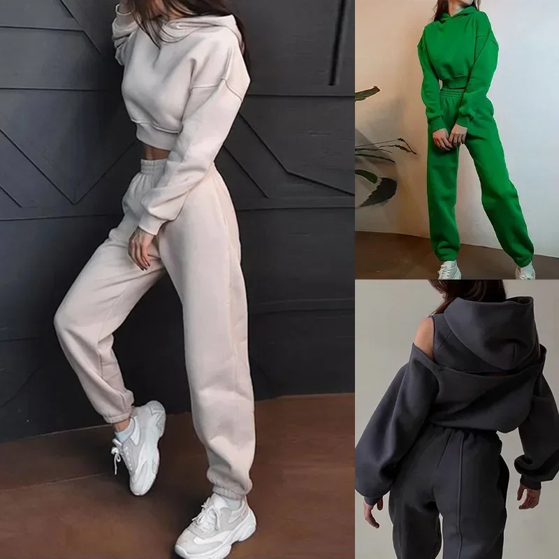 

Women's 2024 Autumn New Two-piece Suit Solid Color Hooded Short Sweatshirt with Cuffs Trousers Suit Костюм Женский Летний