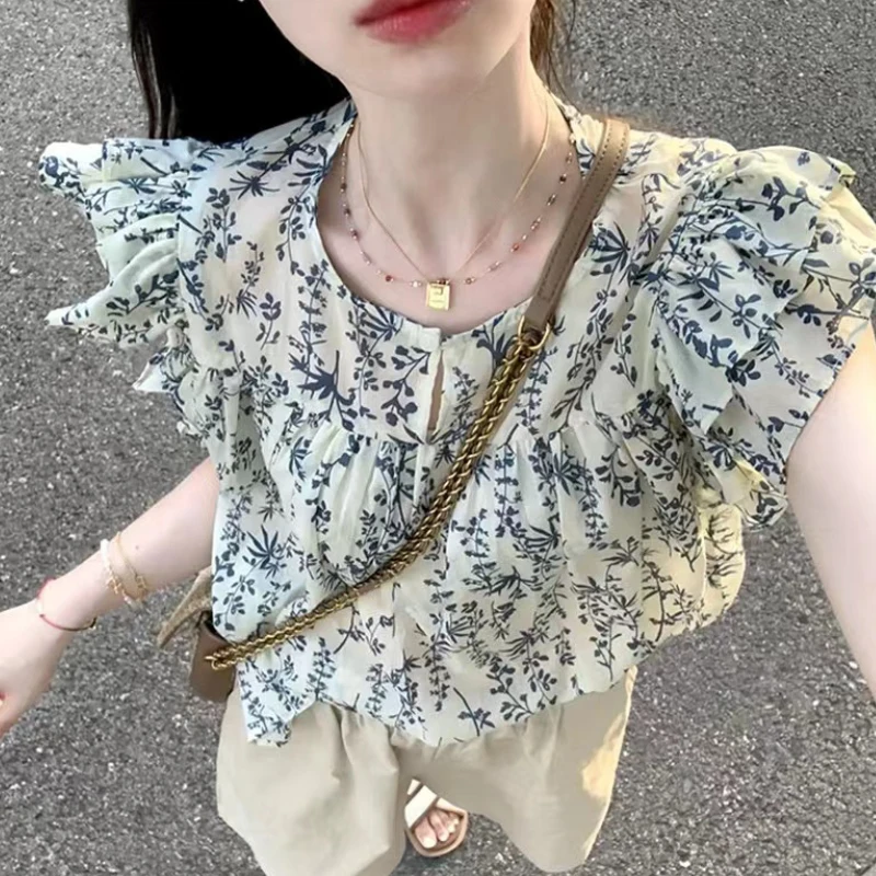 

Summer Women Shirt 2024 New Vintage Flying Sleeve Floral Printed Tops Round Neck Casual Loose Ruffles Pullovers Blouse