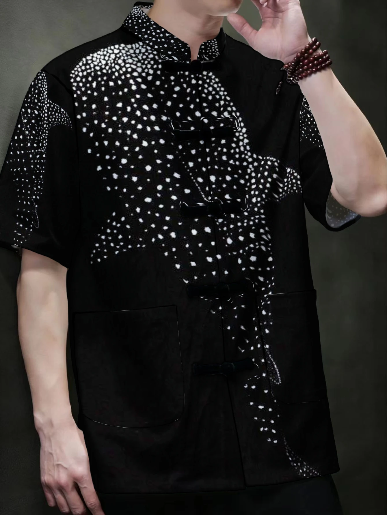 Ethnic Wear Fashion Designer - メンズ中国唐服半袖シャツ、伝統的なカエルボタン、スタンドカラー、アート抽象プリント、ゆったりカジュアルヴィンテージエスニックトップス
