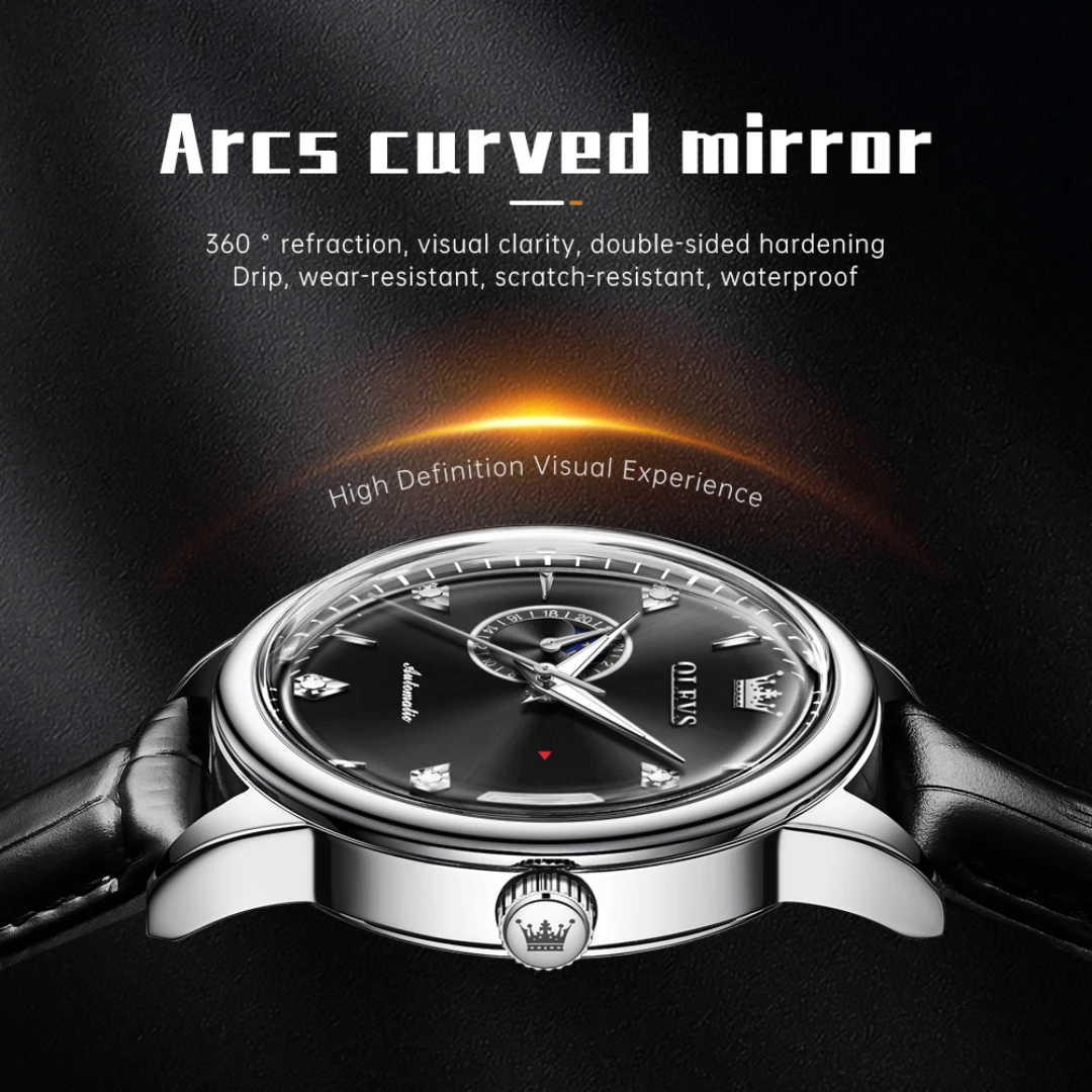 OLEVS 7040, модные механические часы, подарок, круглый циферблат, ремешок для часов из натуральной кожи, наручные часы с фазой Луны, светящийся календарь