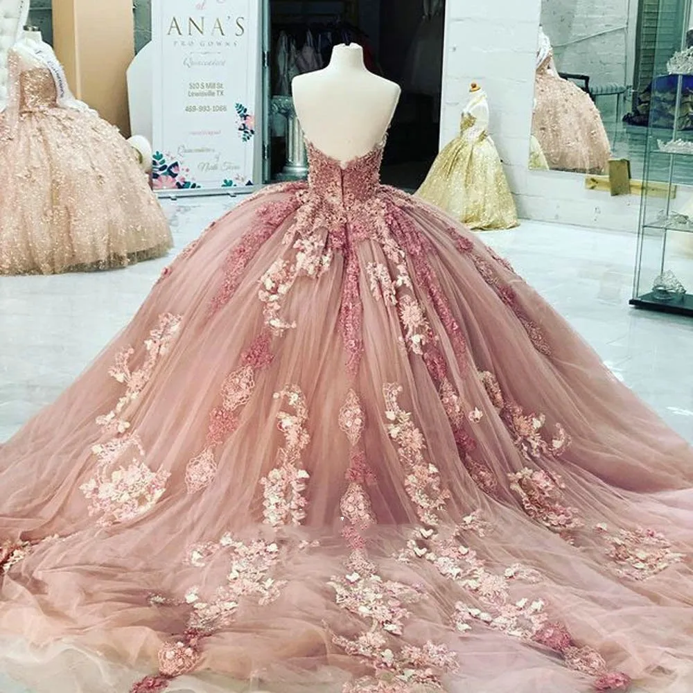 Rosa quinceanera vestidos de baile querida tule apliques pérolas inchado mexicano doce 16 vestidos 15 anos