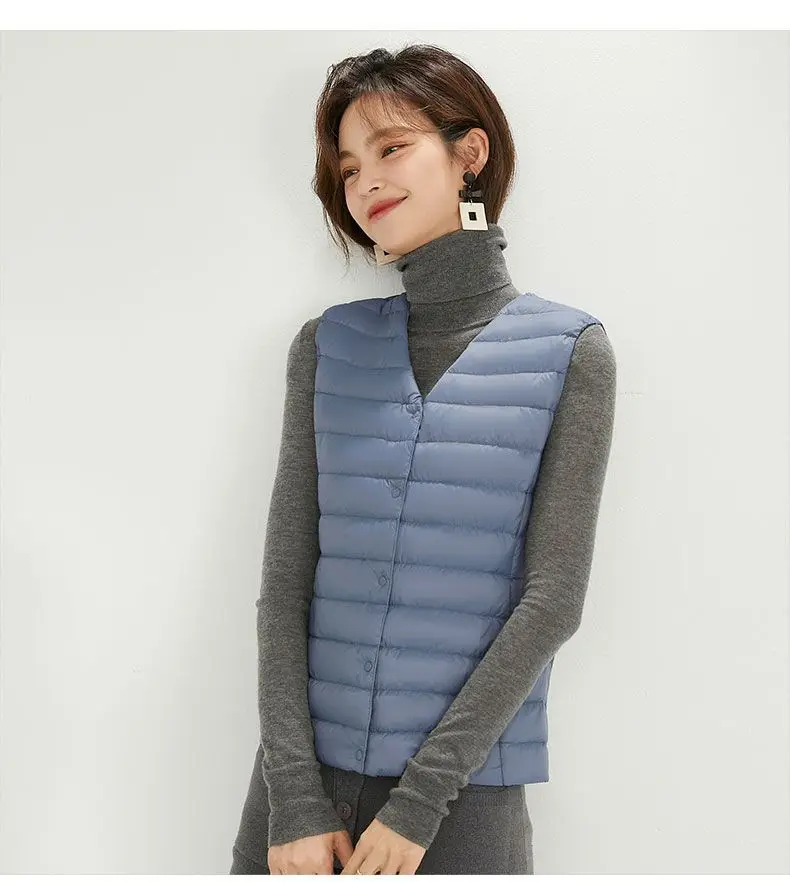 경량 화이트 덕 다운 조끼 여성 짧은 라운드 넥 민소매 이너웨어 퍼퍼 자켓 여성 Зимнее Пальто Женское VT-322