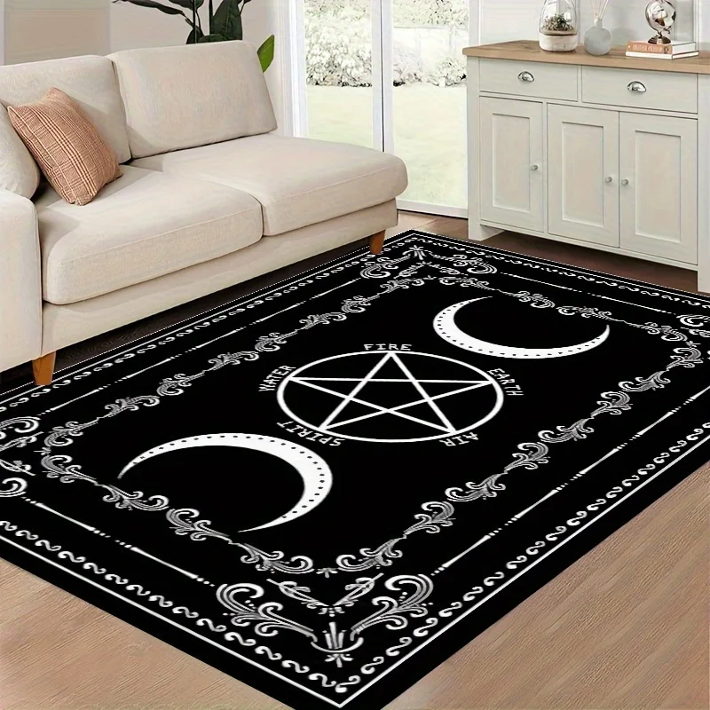2D Flat Triple Moon Pentagram Occult Pattern Rug, Non‑Slip Washable Mat for Living Room Bedroom Hallway Indoor Decor