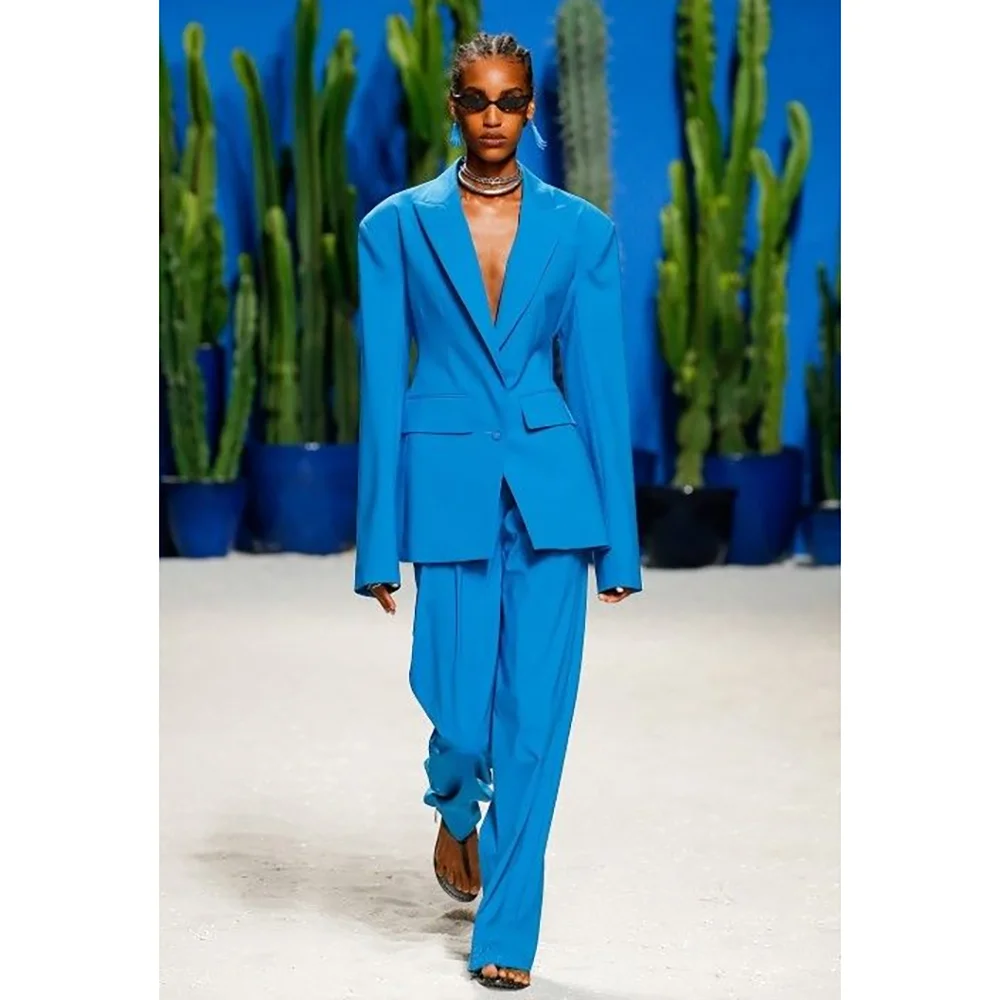 

Royal Blue Single Breasted Women Pants Suit 2 Pieces Blazer Trousers Custom Made Set Formal Evening Party Dress