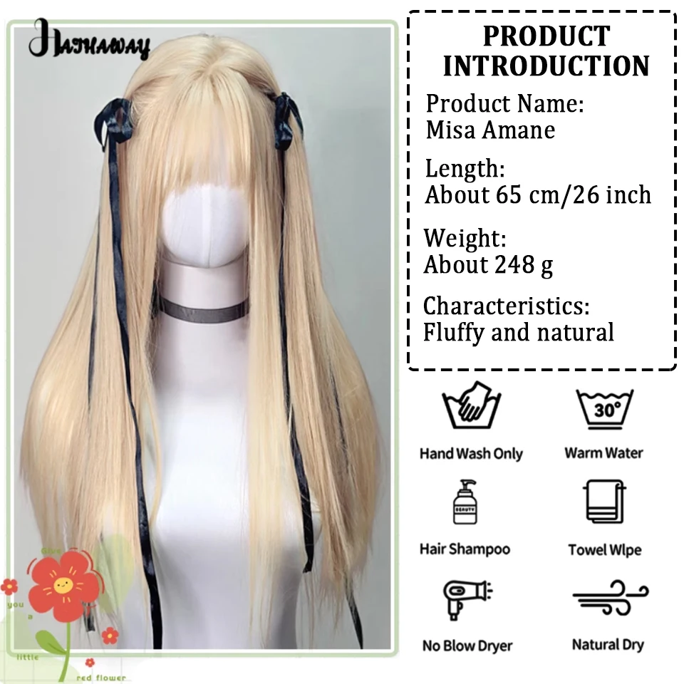 Wig pirang sintetis penutup kepala penuh alami rambut wanita warna Cosplay Misa Amane Wig rambut panjang lurus pesta pameran untuk dipakai