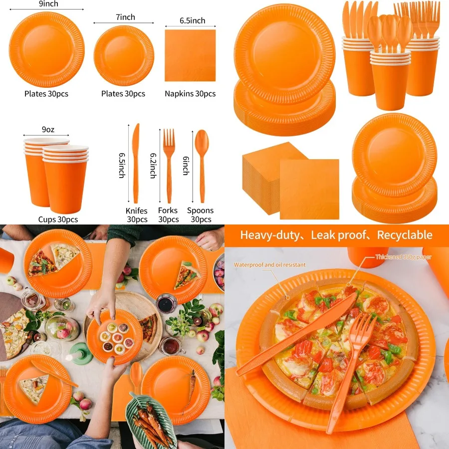 

210 шт. оранжевые бумажные тарелки, одноразовая посуда, товары для вечеринок для всех праздничных вечеринок, включая 9 обеденных тарелок, 7 десертных тарелок