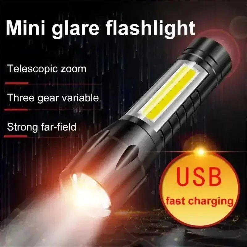 Mini Portable Flashlight COB+XPE Zoomable Small Torch USB Rechargeable Outdoor Camping Fishing Long Range Emergency Lantern