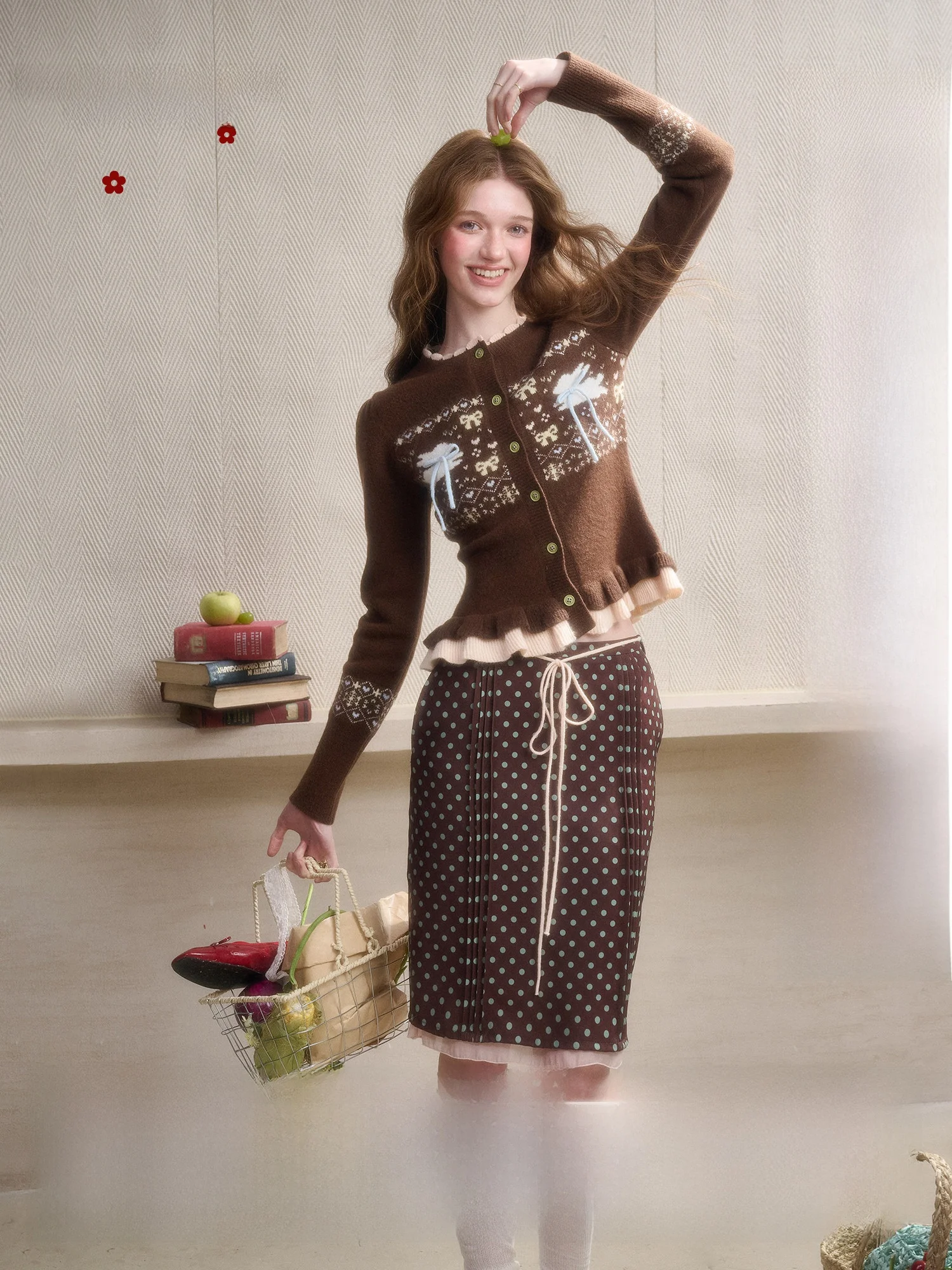 

Galaxy Eternal 'Green ' Little Rabbit Fair Island Warm Coat Polka Dot Skirt Elegant Set for Women in Autumn Winter Spring