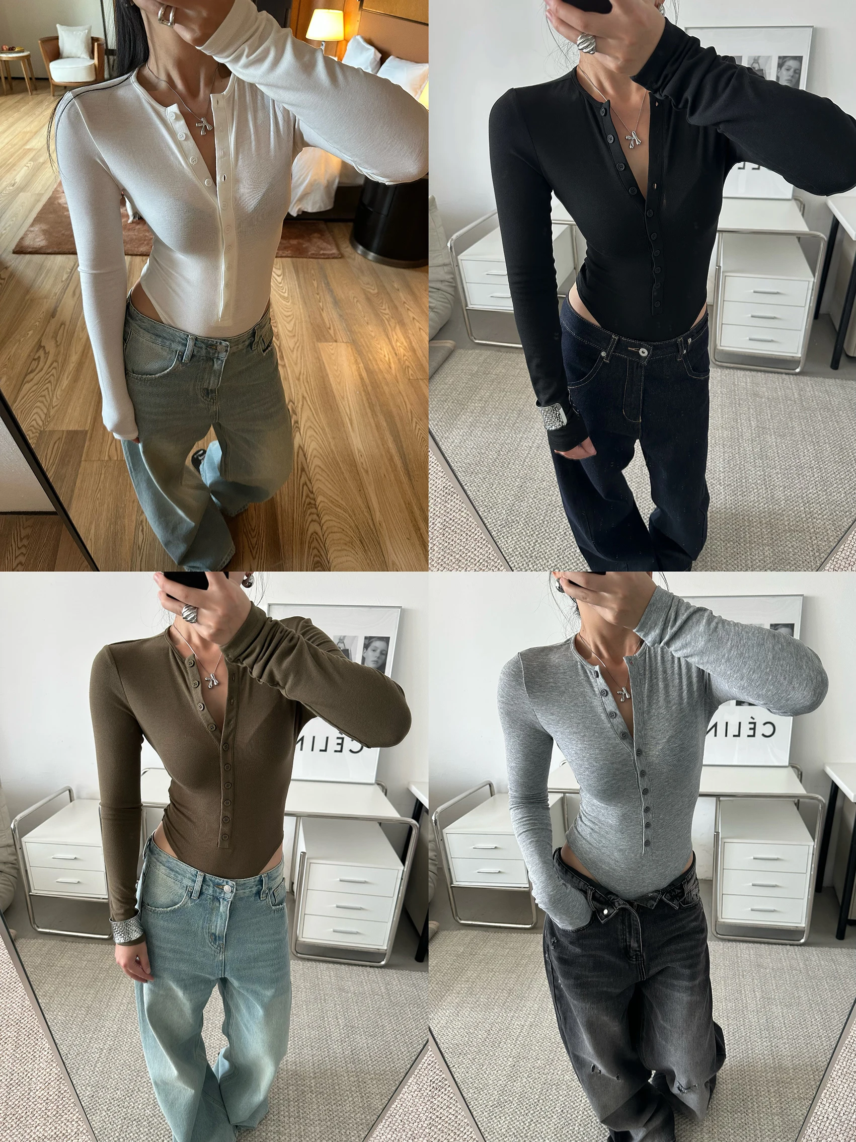 

Women Henry Long Sleeve Button Up Jumpsuit Bodysuit