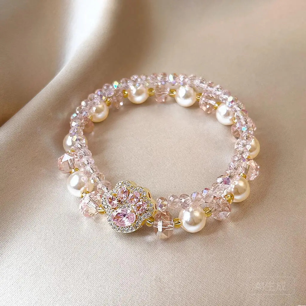 Luxury Double Layered Pink Crystal Freshwater Pearl Rhinestone Cat Paw Bracelet For Women Dainty Elegant Stackable Wrist Jewelry