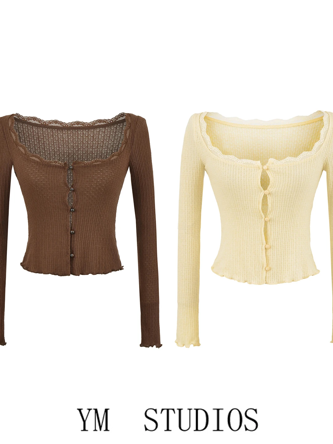 Sweet And Spicy Style Women's Knitted Lace Patchwork Long Sleeve Square Collar Short Length Waist-Cinching Open Cardigan