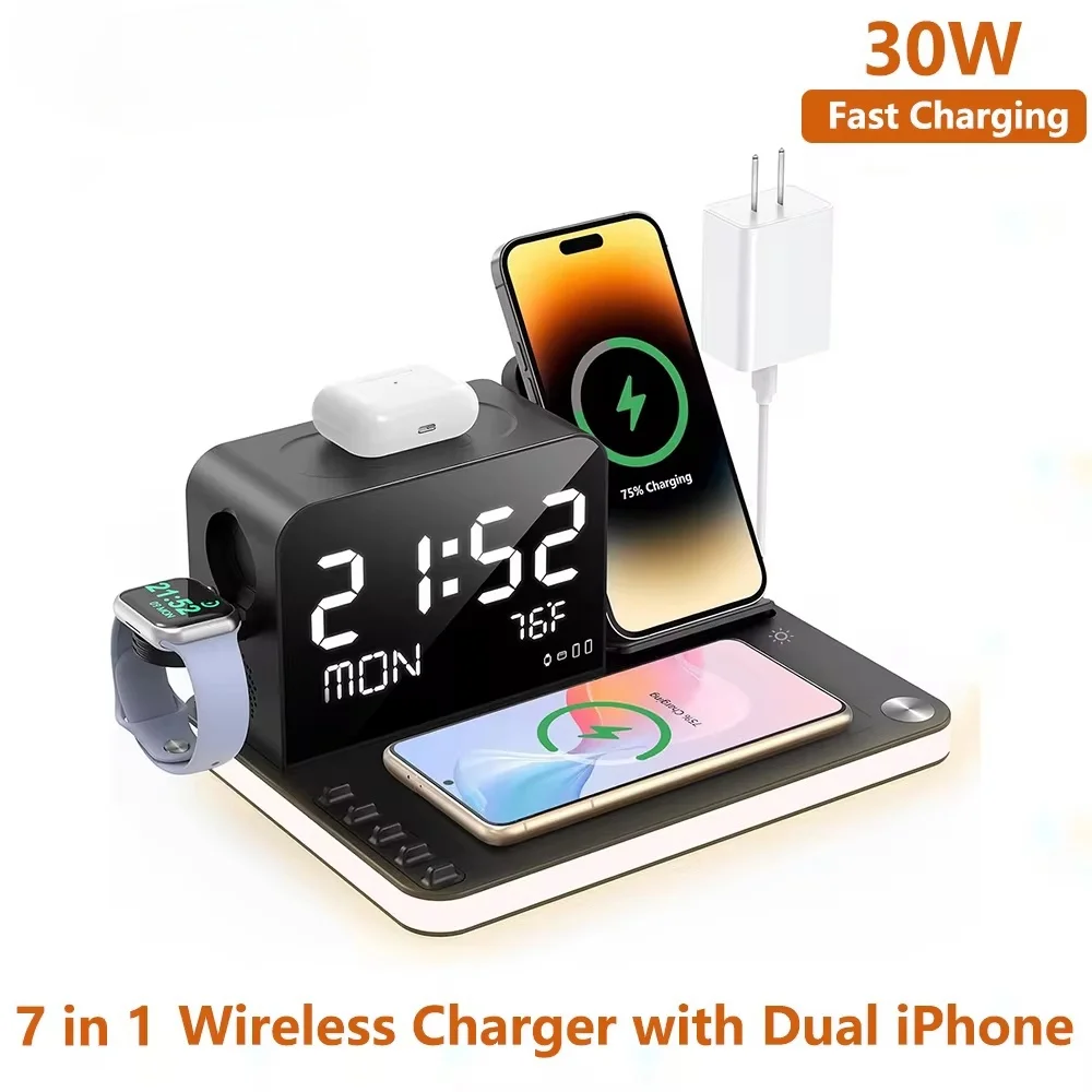 Newest 7 in 1 Wireless Charging Station with Dual iPhone Fast Charger Support Bluetooth/TimeSync 30W Fast Adapter for AirPods