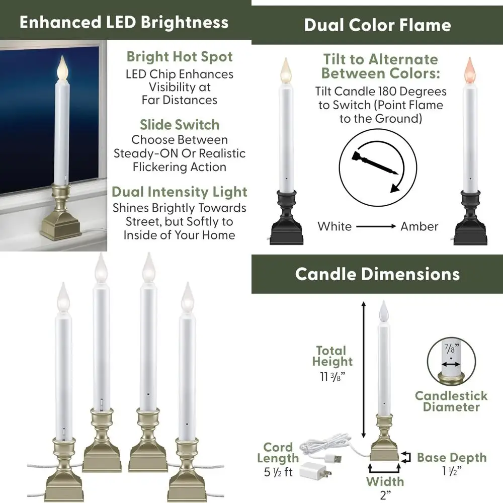 

Набор из 4 светодиодных электрических свечей для окон с ярким световым пятном, активацией датчиком, питанием от USB-адаптера, цвет: оловянный.