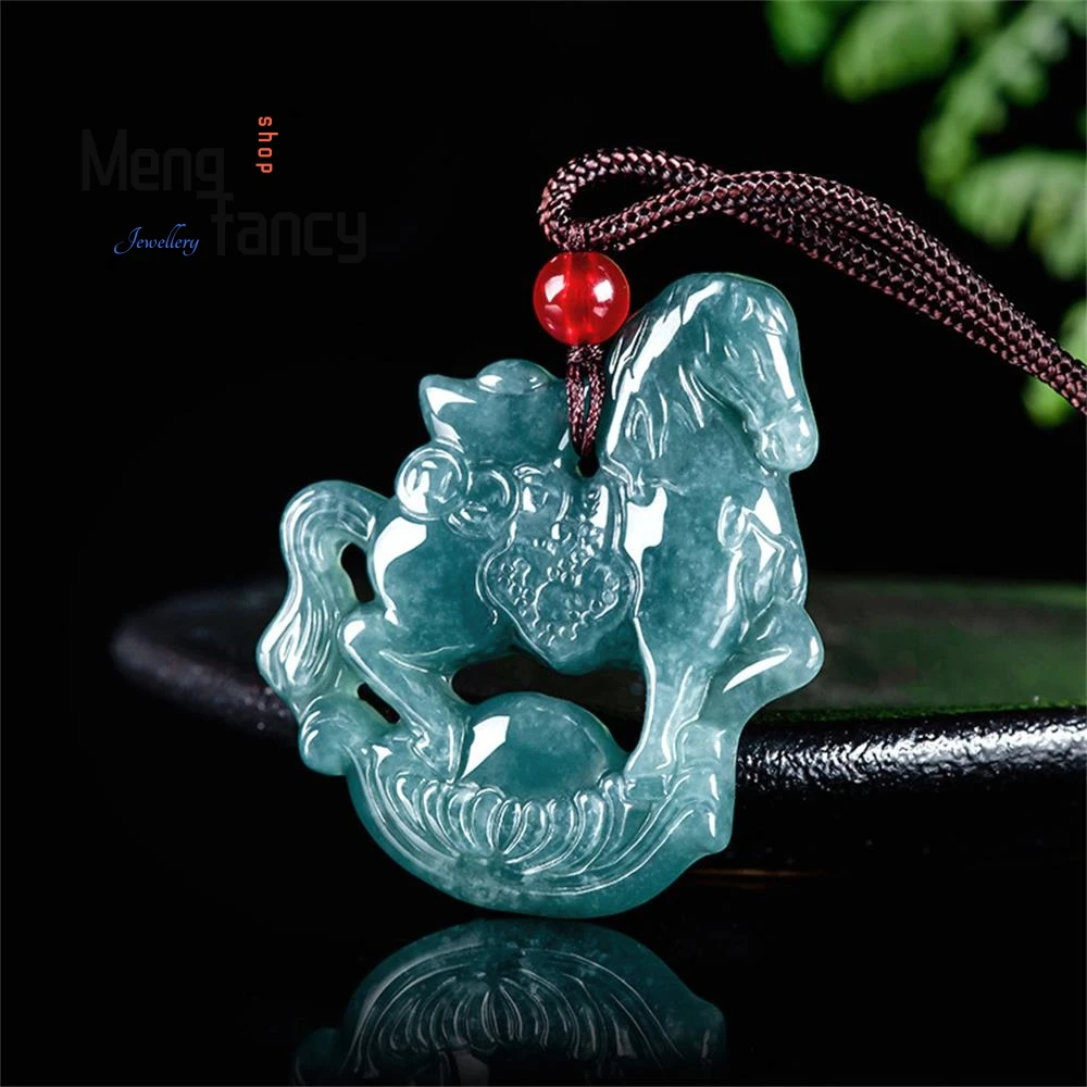 High-grade Natural A-goods Jadeite Blue Water Yuanbao Zodiac Horse Immediate Fortune Ice Seed Pendant Exquisite Fashion Jewelry